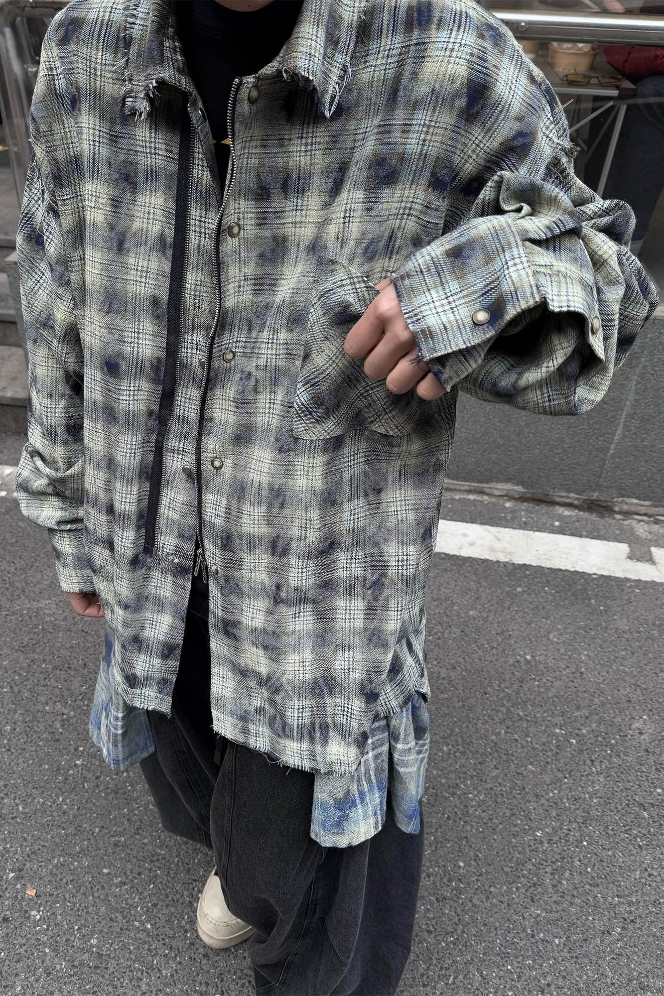 RELABEL Tie-dye Plaid Dual Closure Frayed Shirt