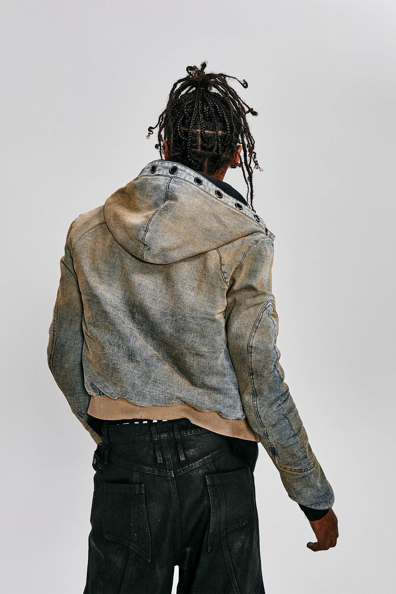 FLYERRER Distressed Spliced Studded Hooded Short Denim Jacket