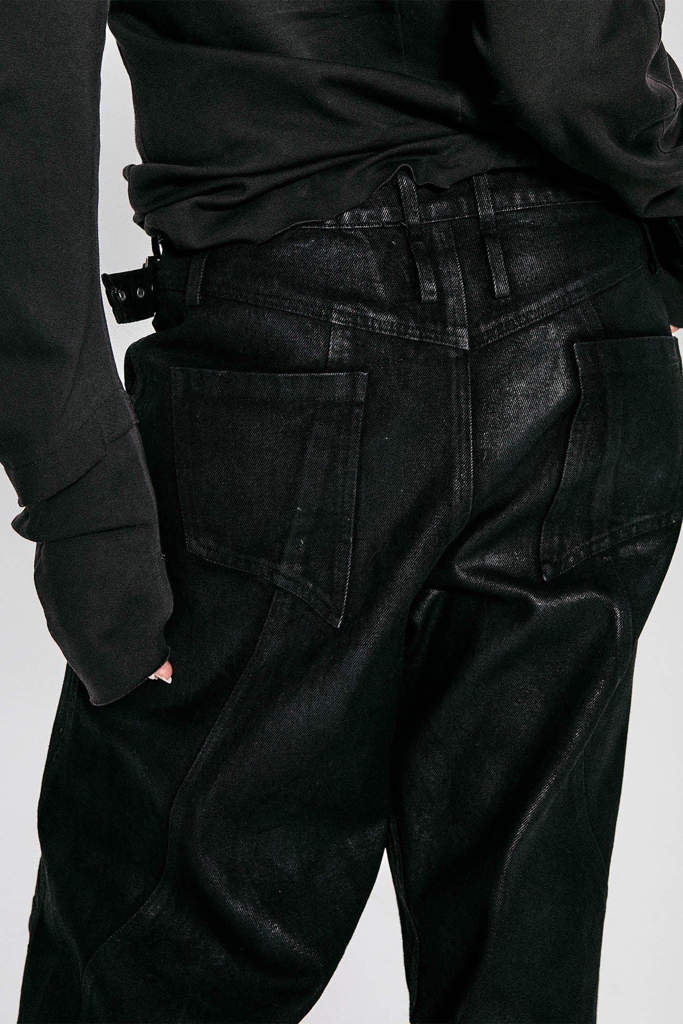 FLYERRER Waxed Deconstructed-Knee Zip-Hem Flared Pants