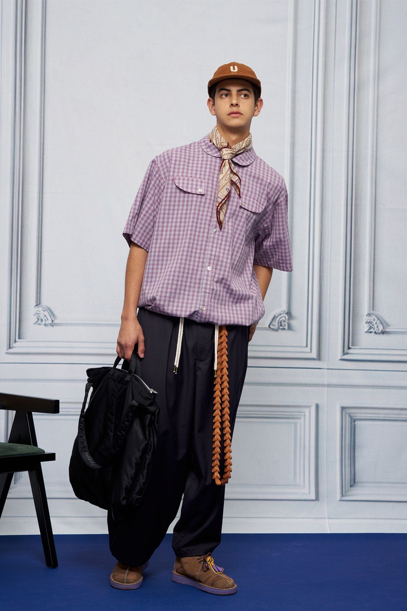 UNLIMITED MOTE Drawstring Hem Plaid Peter Pan Collar Half Shirt