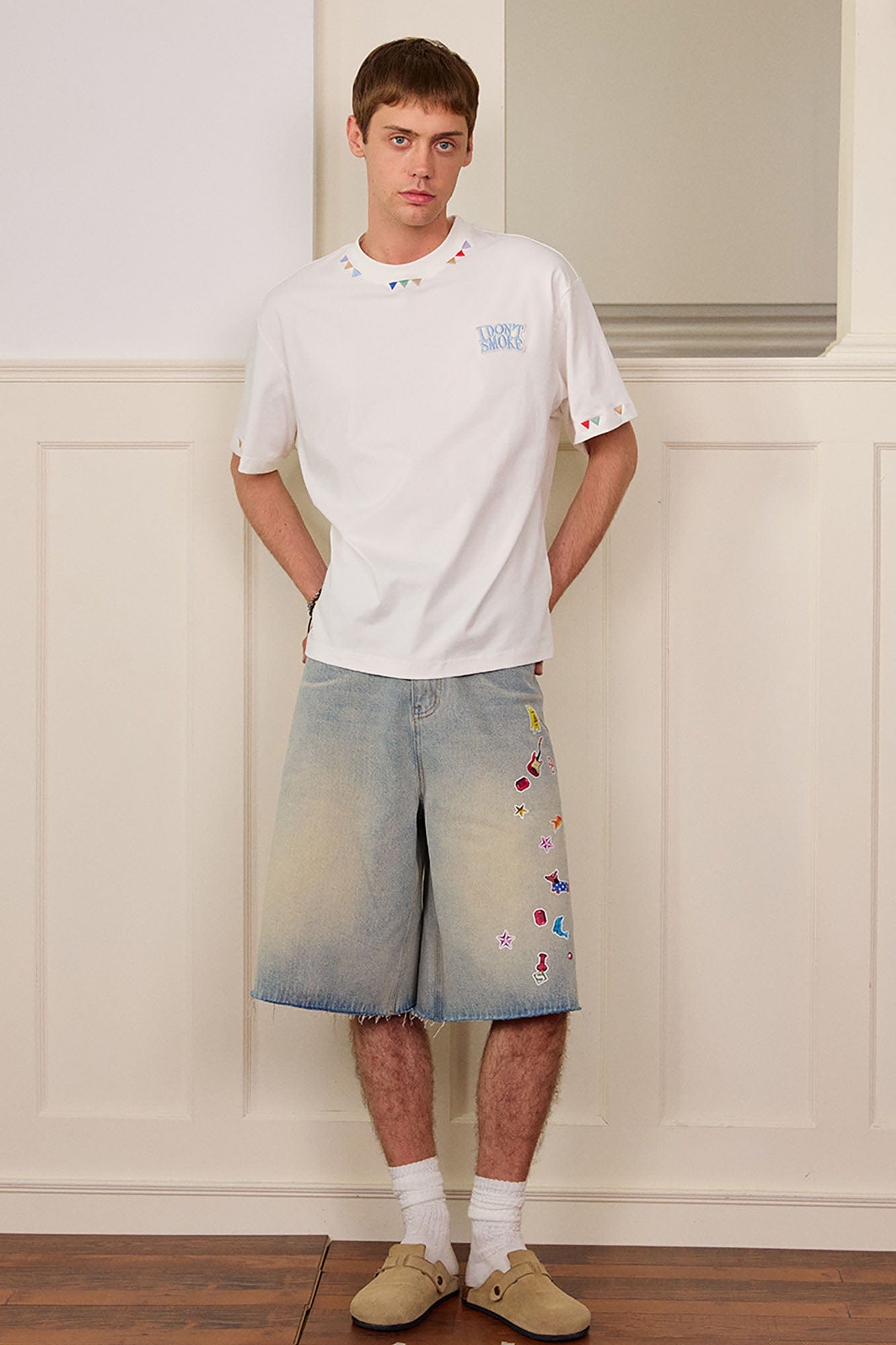 DONSMOKE Whimsical Stickers Washed Raw-Edge Shorts