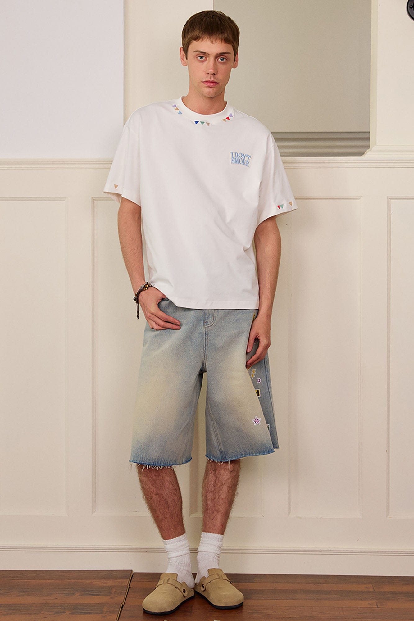 DONSMOKE Whimsical Stickers Washed Raw-Edge Shorts