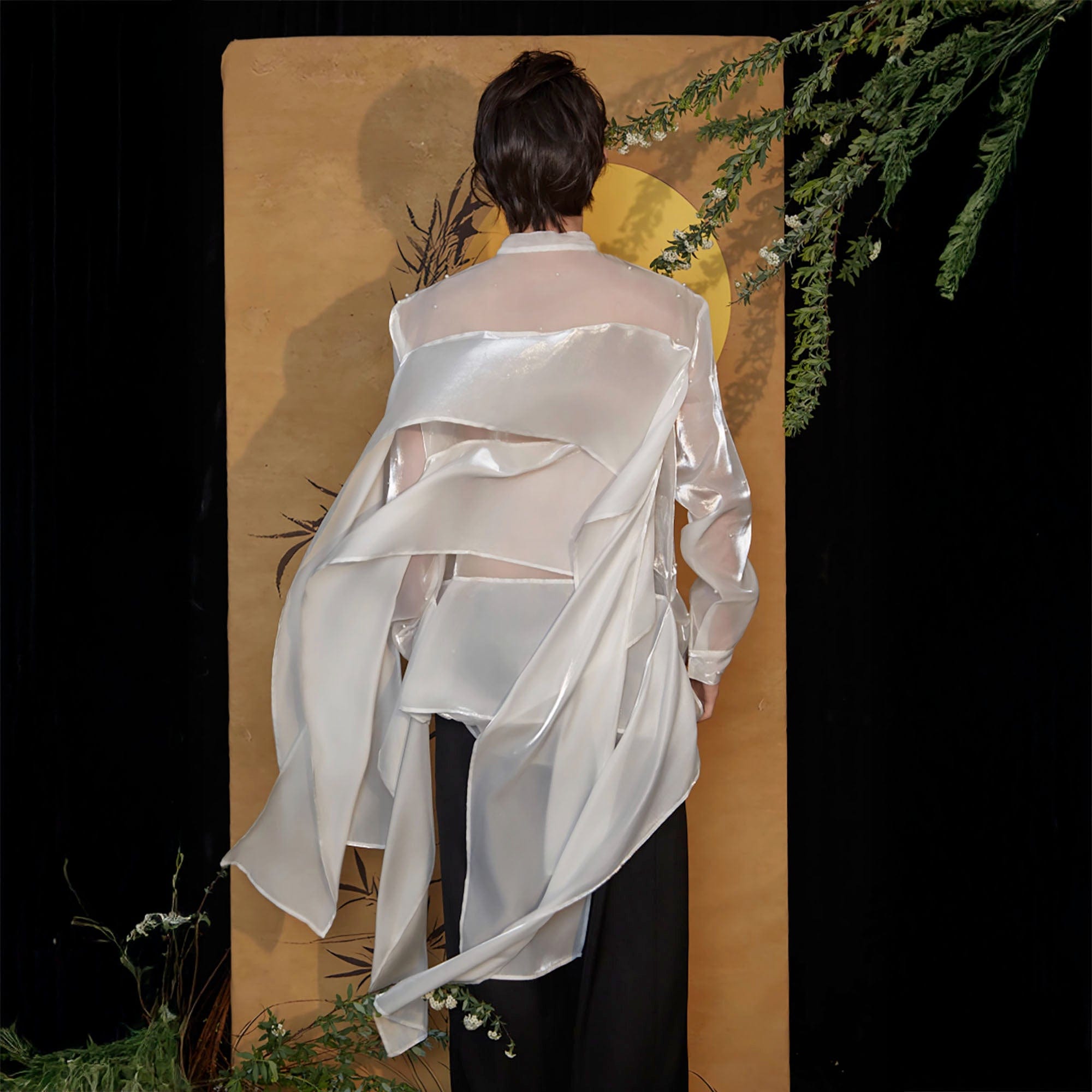 JIECHI Pearl Embroidered Layered Ribbon Organza Shirt