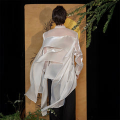 JIECHI Pearl Embroidered Layered Ribbon Organza Shirt