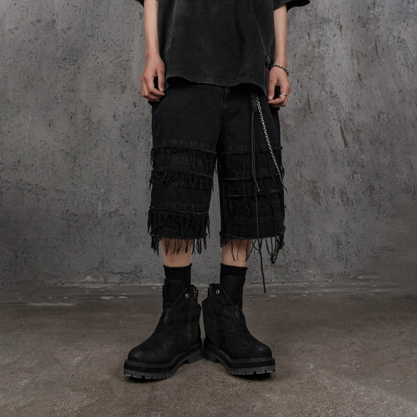 UNDERWATER Heavily Frayed Layered Denim Shorts
