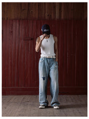 IN EXISTENCE Distressed Patchwork Creased Washed Wide-Leg Jeans
