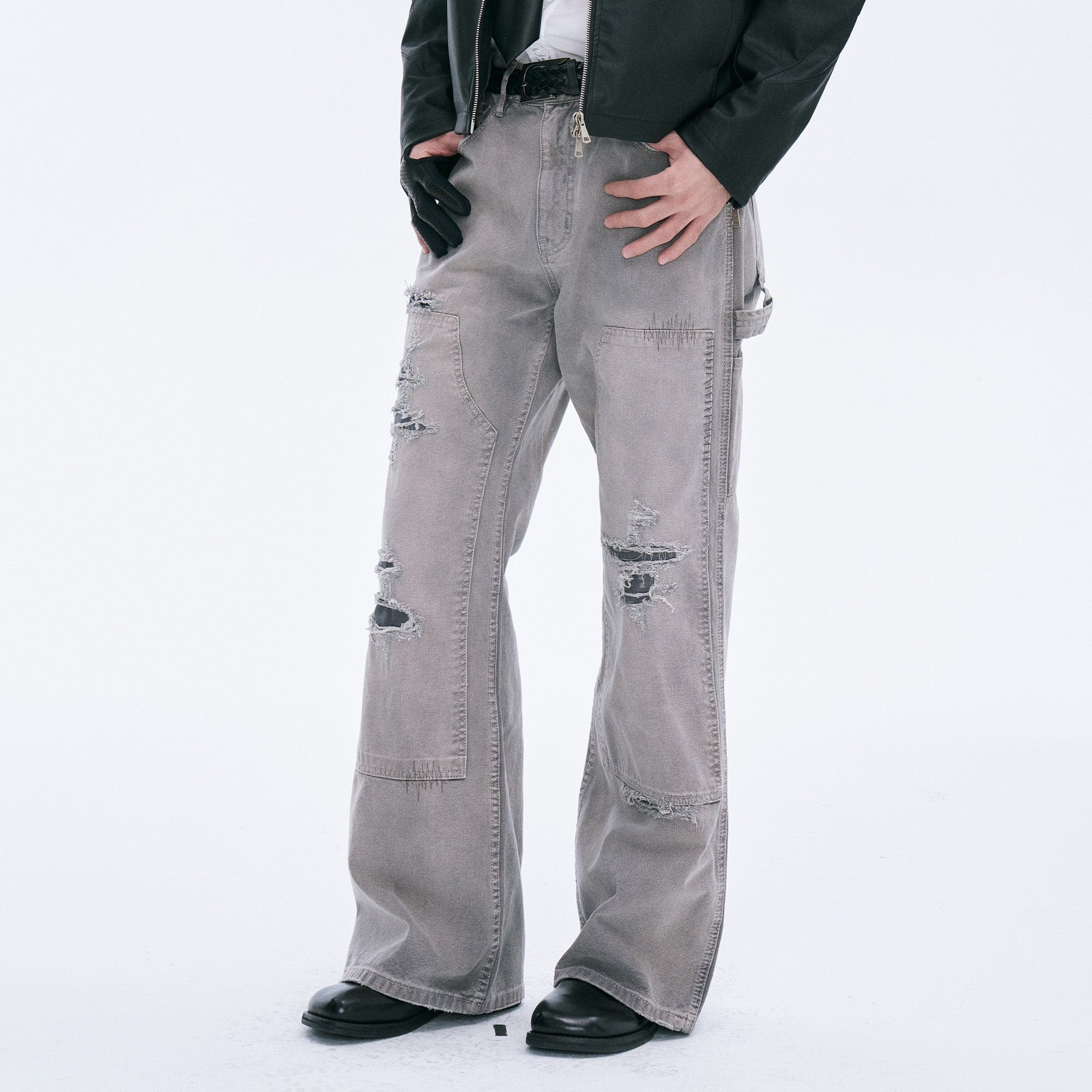 CATSSTAC Distressed Double-Knee Carpenter Straight-Leg Jeans Gray