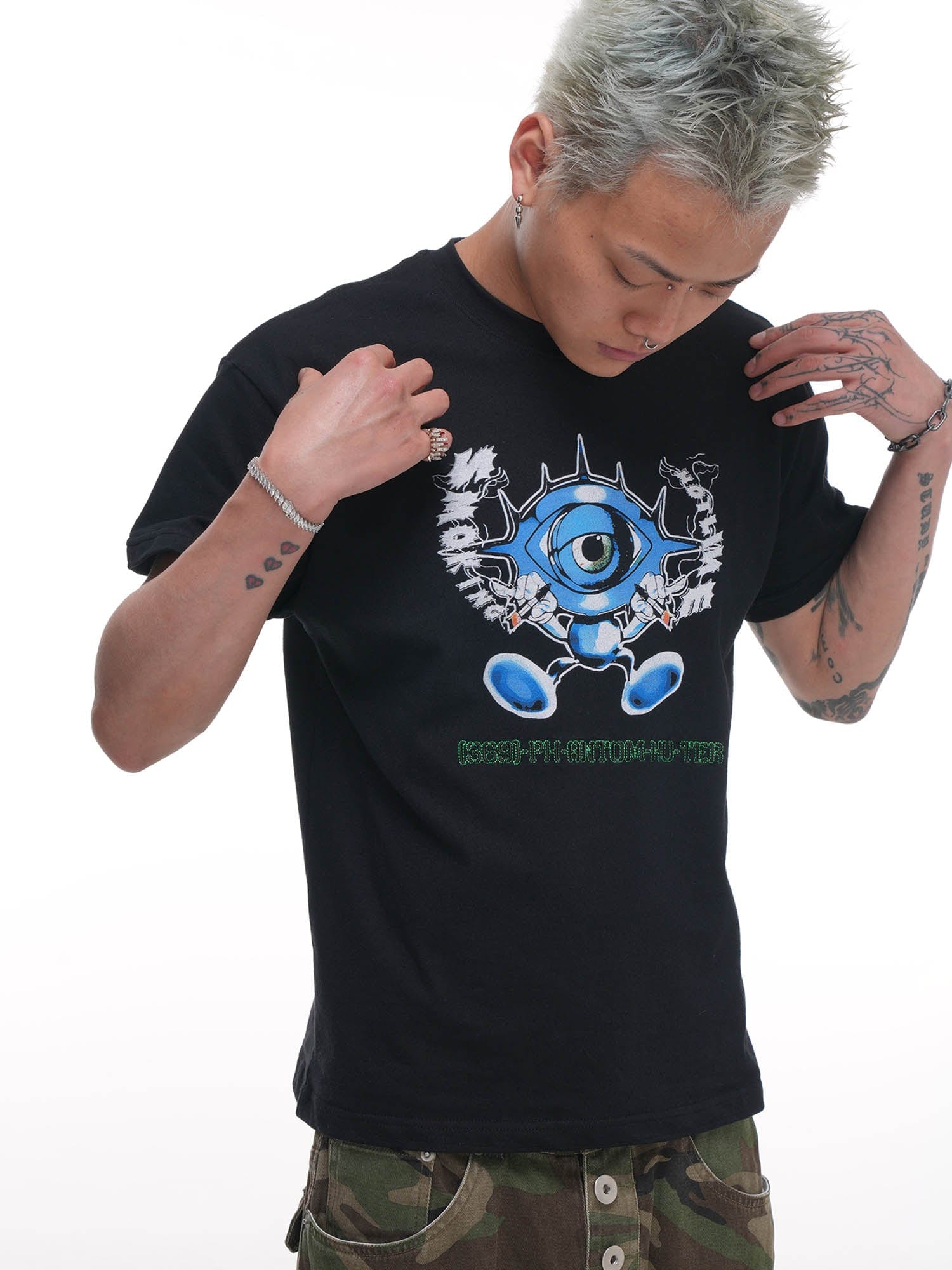 PHANTOMHUNTER Cartoon Eyeball Graphic Embroidered T-Shirt