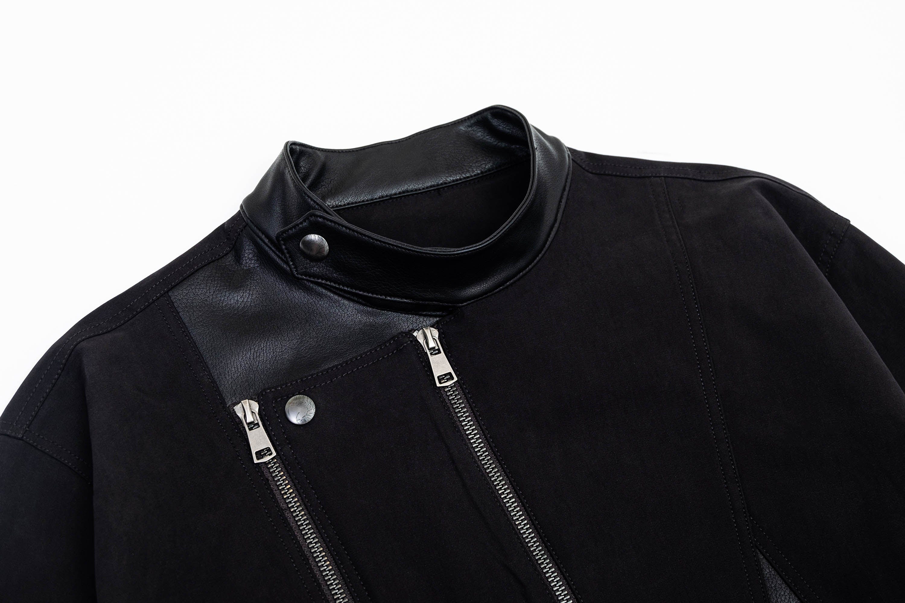 IN EXISTENCE Multi-Zip Asymmetrical Spliced Leather Biker Jacket