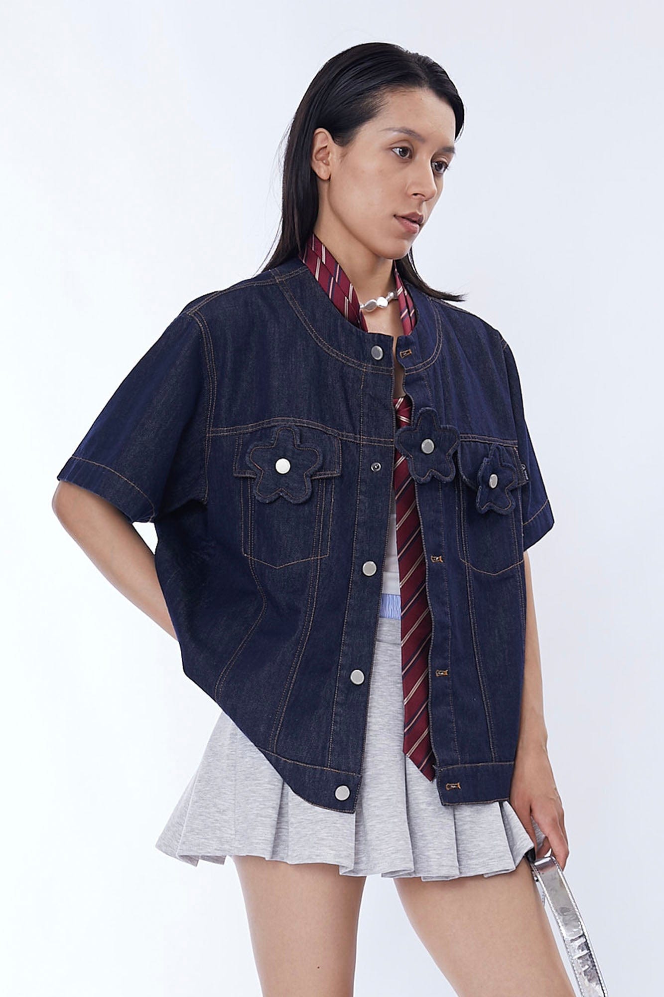 ASSEEN Flower Patchwork Stitched Raw Denim Half Shirt
