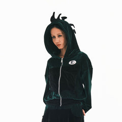 EMBRYO Dinosaur Velvet Cropped Zip-Up Hoodie