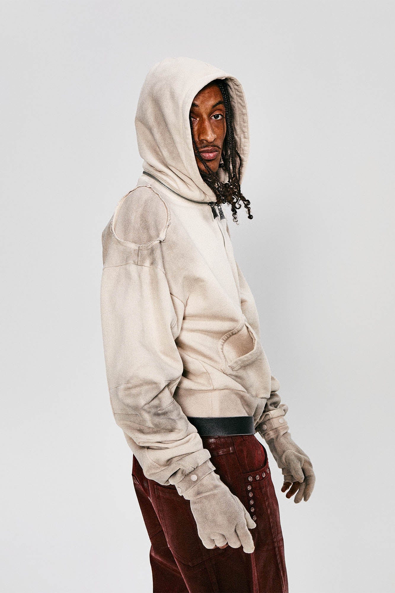 FLYERRER Distressed Detachable-Hood Glove-Sleeve Hoodie
