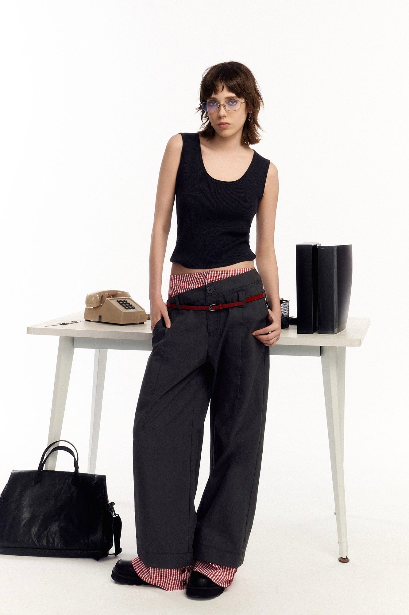 OIPWORD Asymmetrical Waist Faux-Layered Wide-Leg Pants