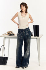 OIPWORD Silver-Brushed Distressed Wide-Leg Jeans