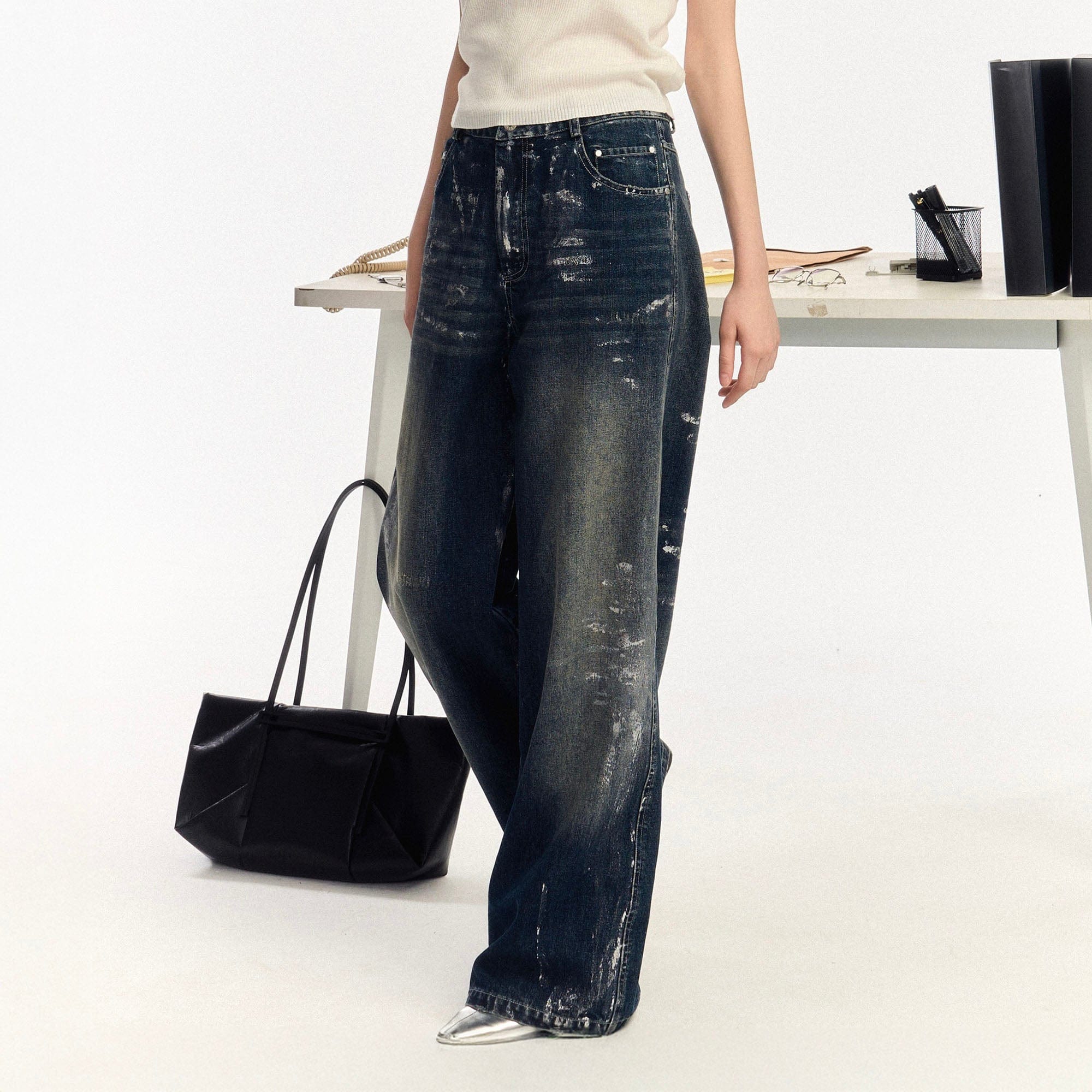 OIPWORD Silver-Brushed Distressed Wide-Leg Jeans
