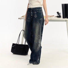 OIPWORD Silver-Brushed Distressed Wide-Leg Jeans
