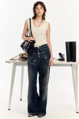 OIPWORD Silver-Brushed Distressed Wide-Leg Jeans