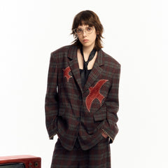 OIPWORD Retro Birds Patchwork Plaid Blazer