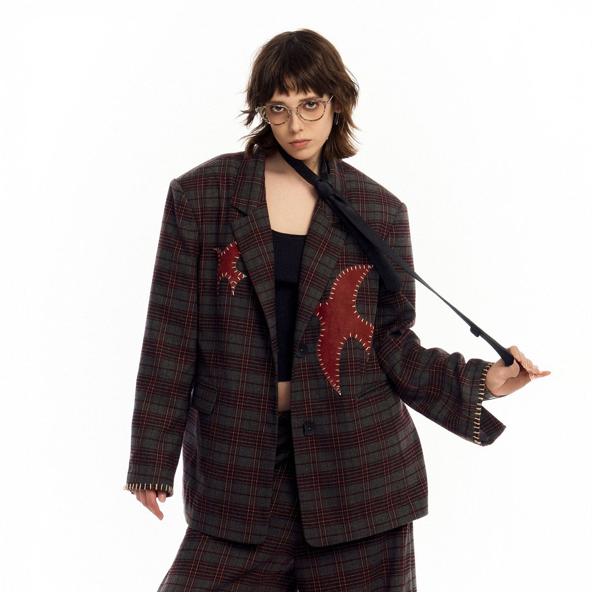 OIPWORD Retro Birds Patchwork Plaid Blazer