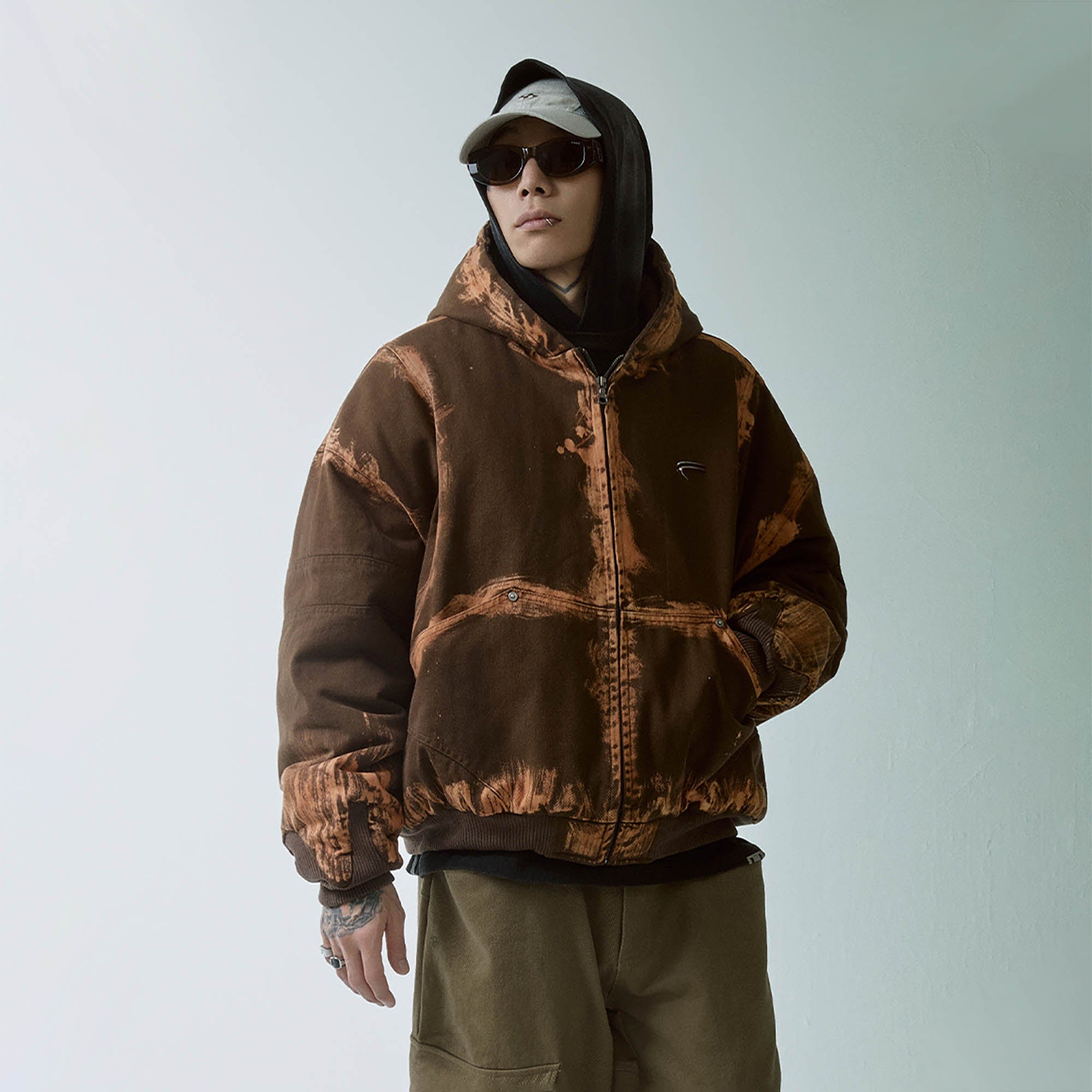 F2CE Brushed Stitch Distressed Hooded Cotton-Padded Jacket