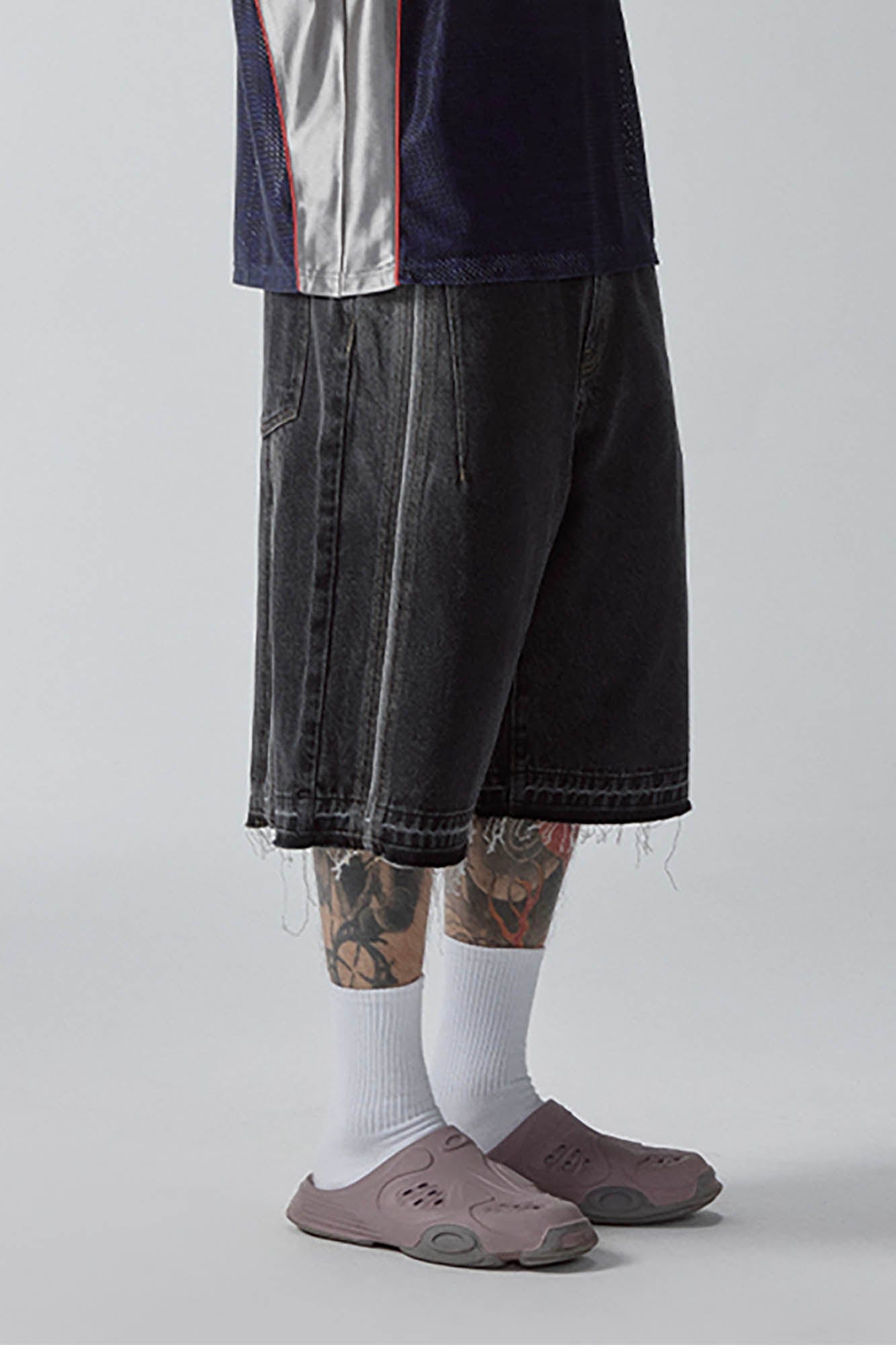 F2CE Raw-Hem Raised Seam Washed Denim Shorts