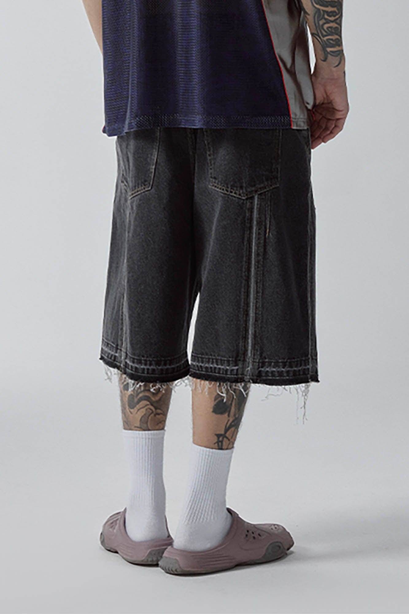 F2CE Raw-Hem Raised Seam Washed Denim Shorts