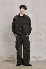 FACEONLAB Distressed Cracked Flap-Pocket Military Jacket