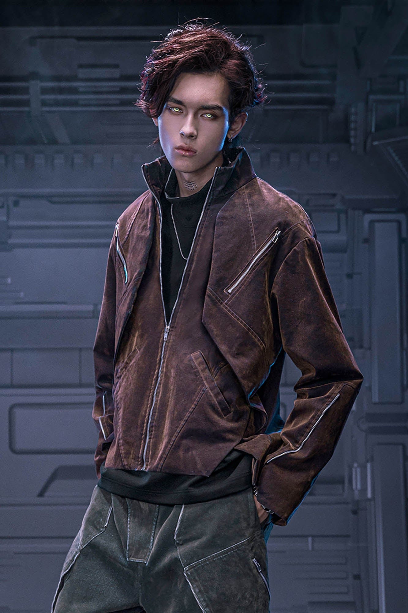 XIPHEVIL Mech Deconstructed Washed Denim Jacket Brown