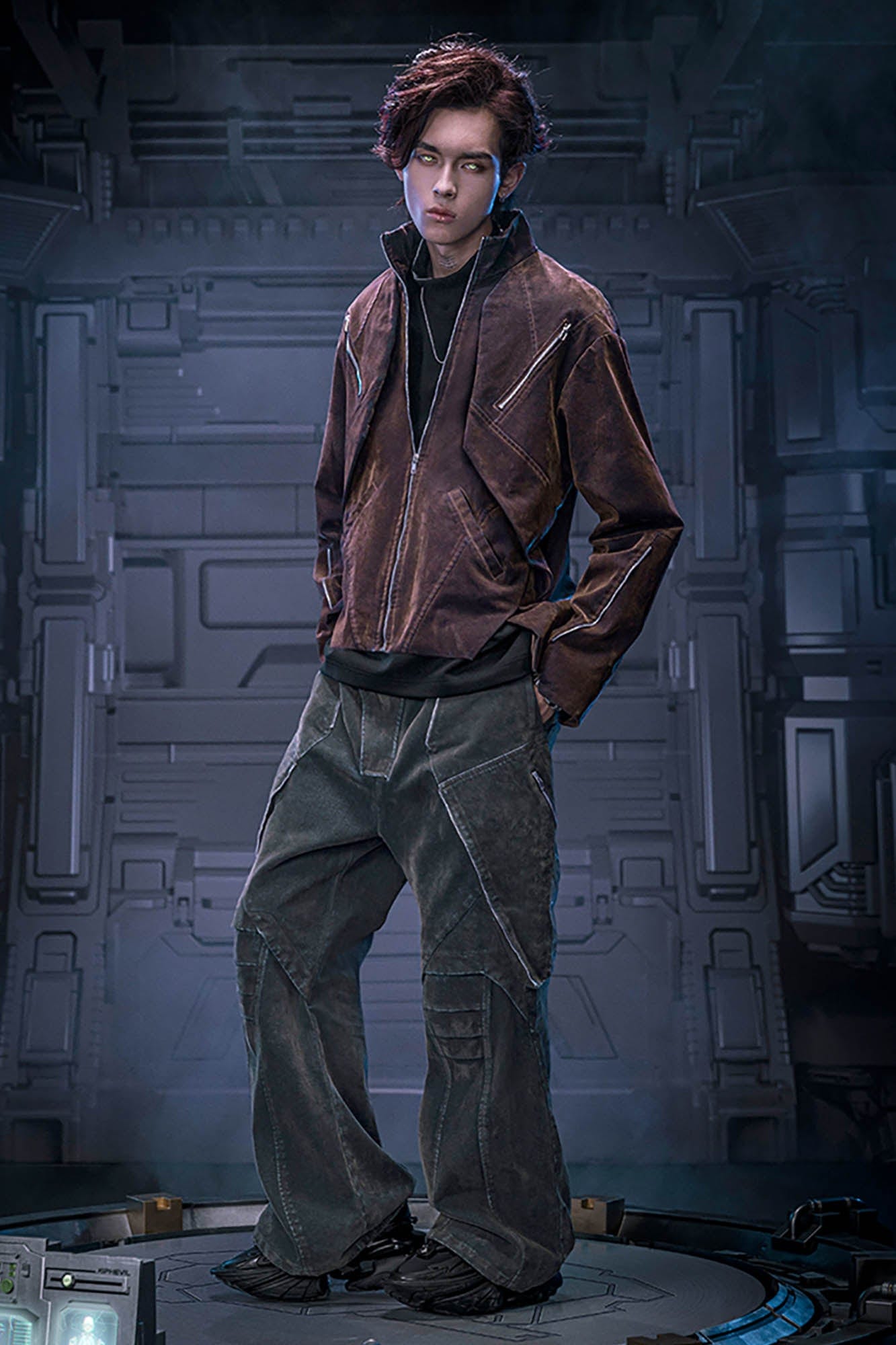XIPHEVIL Mech Deconstructed Washed Denim Jacket Brown