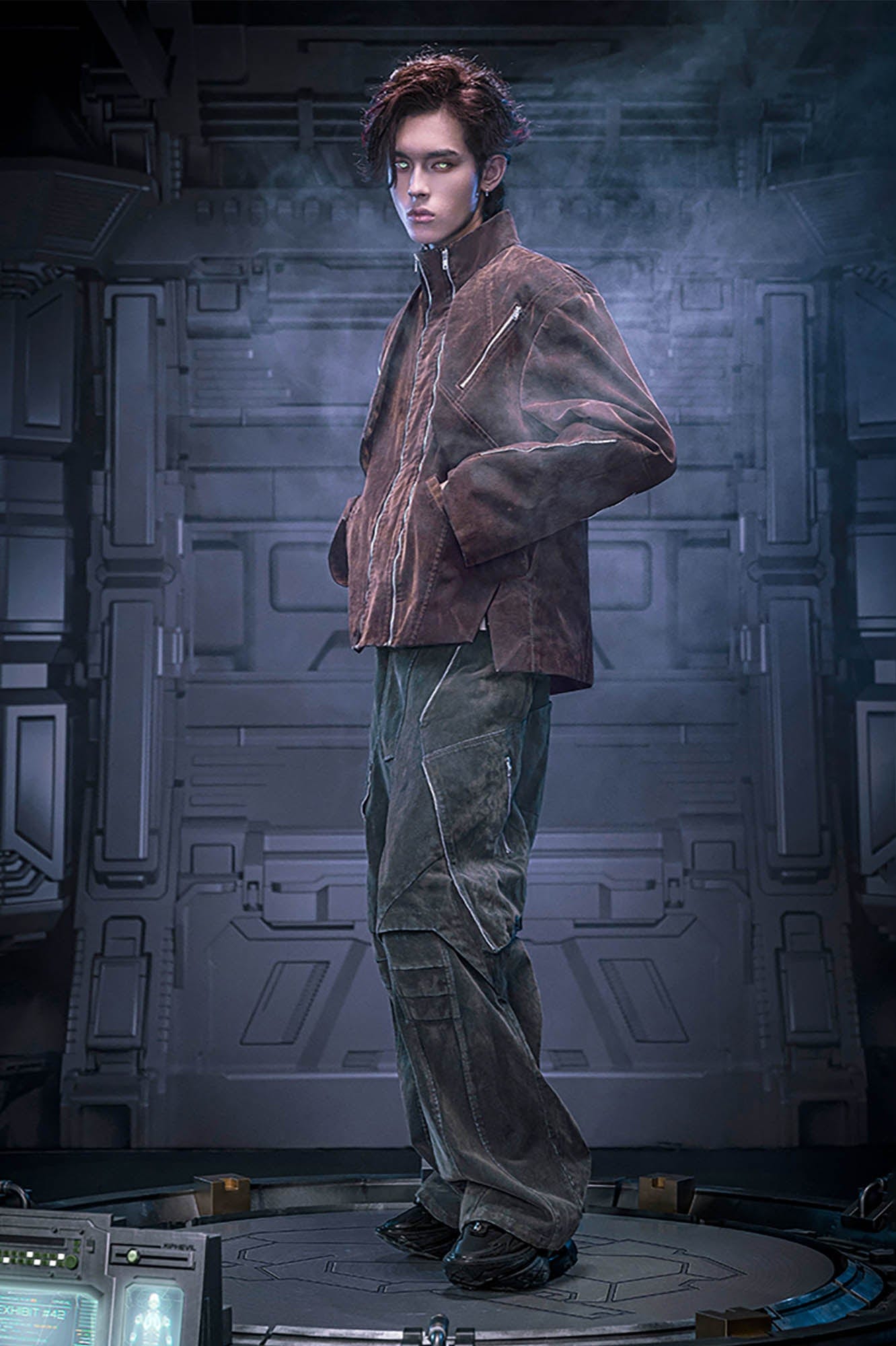 XIPHEVIL Mech Deconstructed Washed Denim Jacket Brown