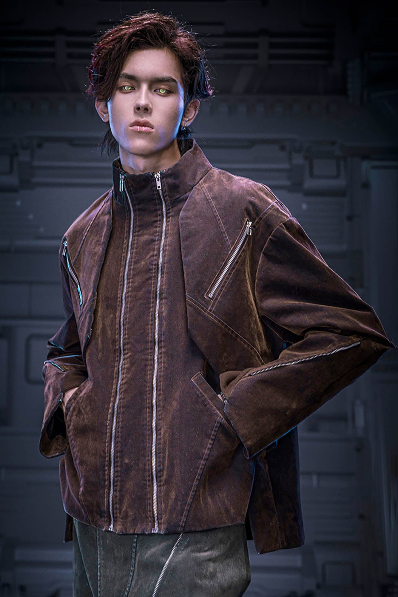 XIPHEVIL Mech Deconstructed Washed Denim Jacket Brown