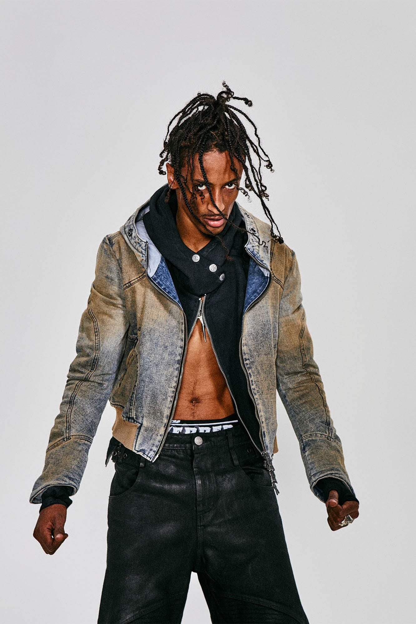 FLYERRER Distressed Spliced Studded Hooded Short Denim Jacket