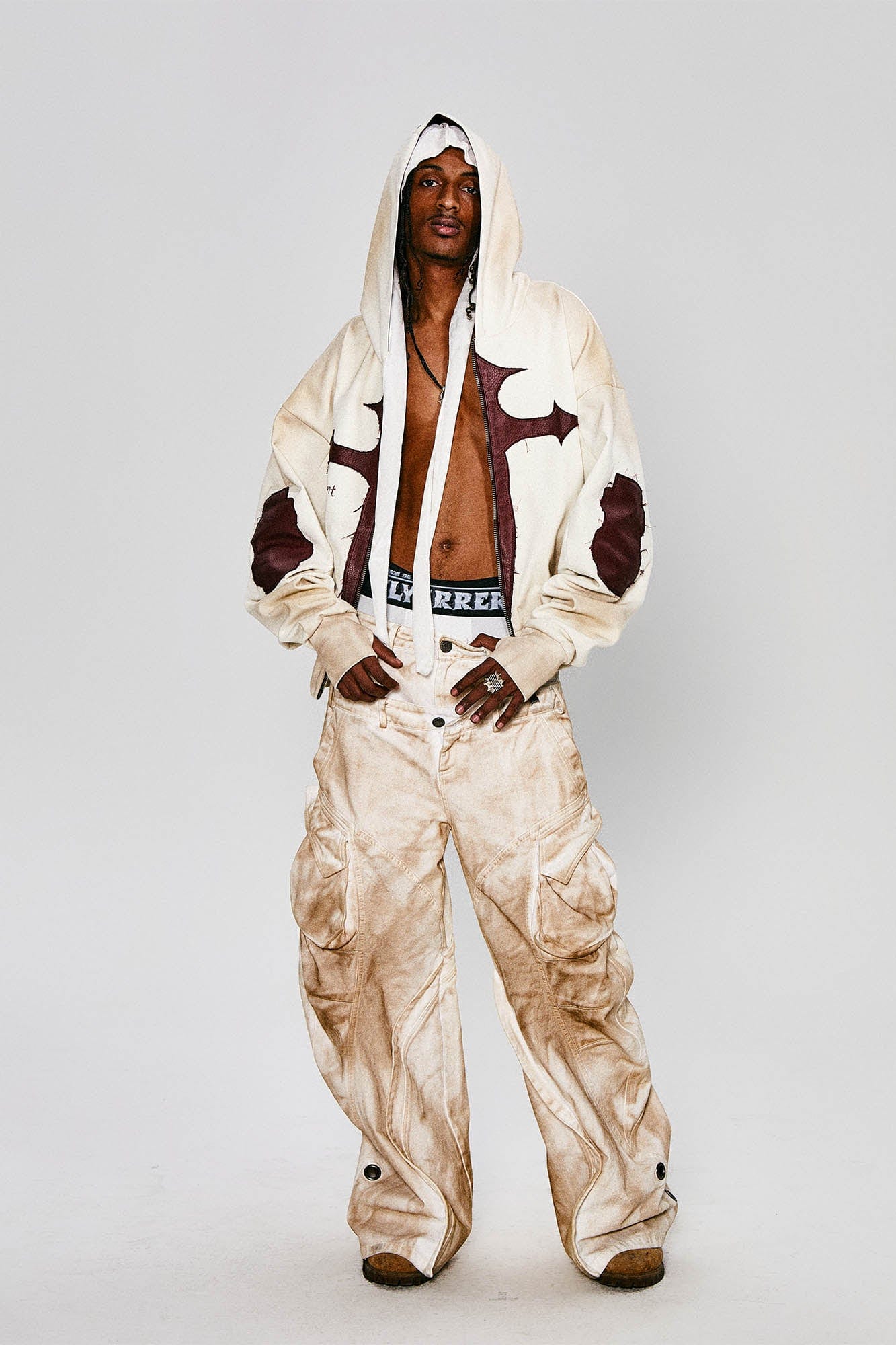 FLYERRER Distressed Cross Patch Studded Hooded Jacket