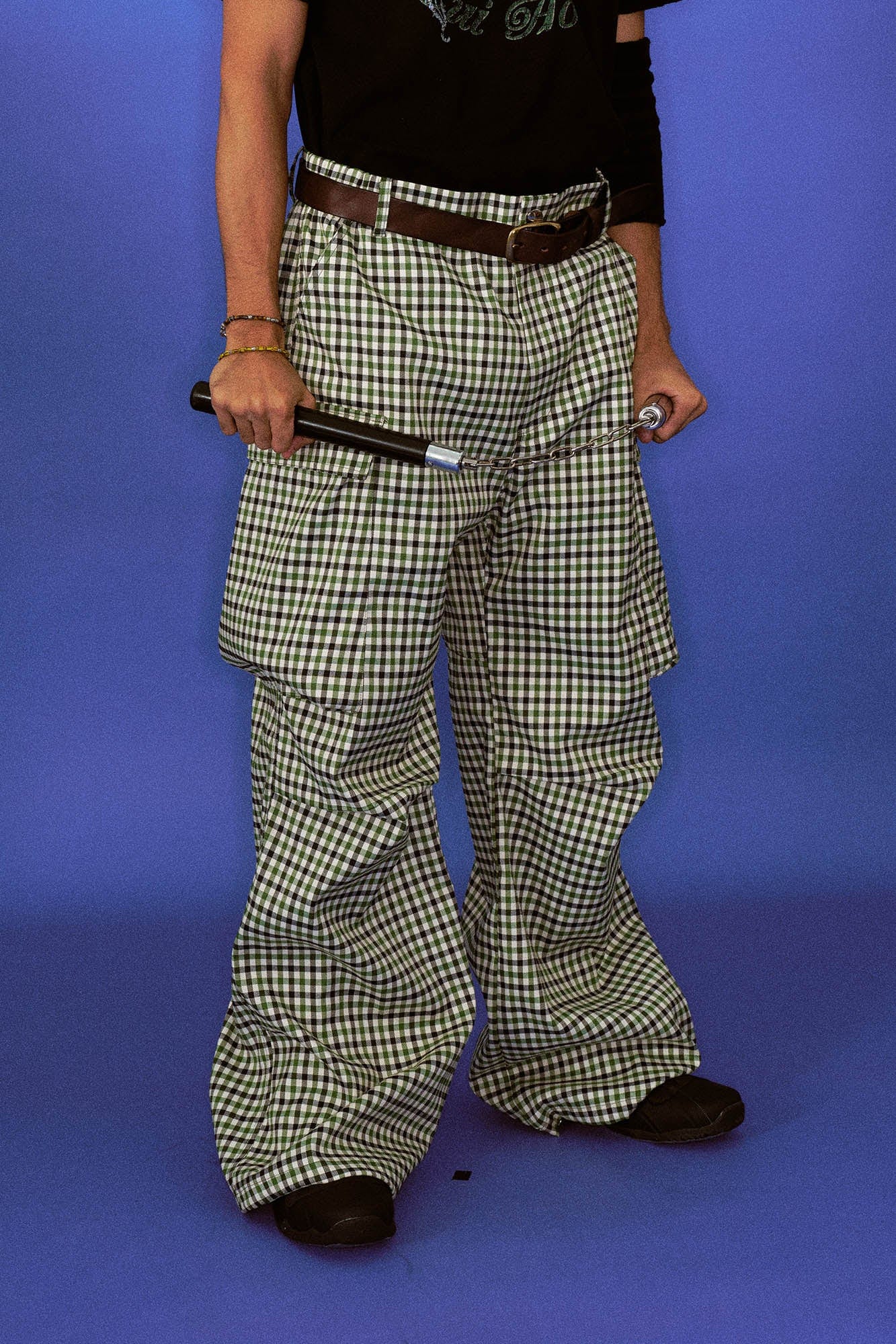 TRECLUB Plaid Multi-Pocket Crinkled Cargo Pants