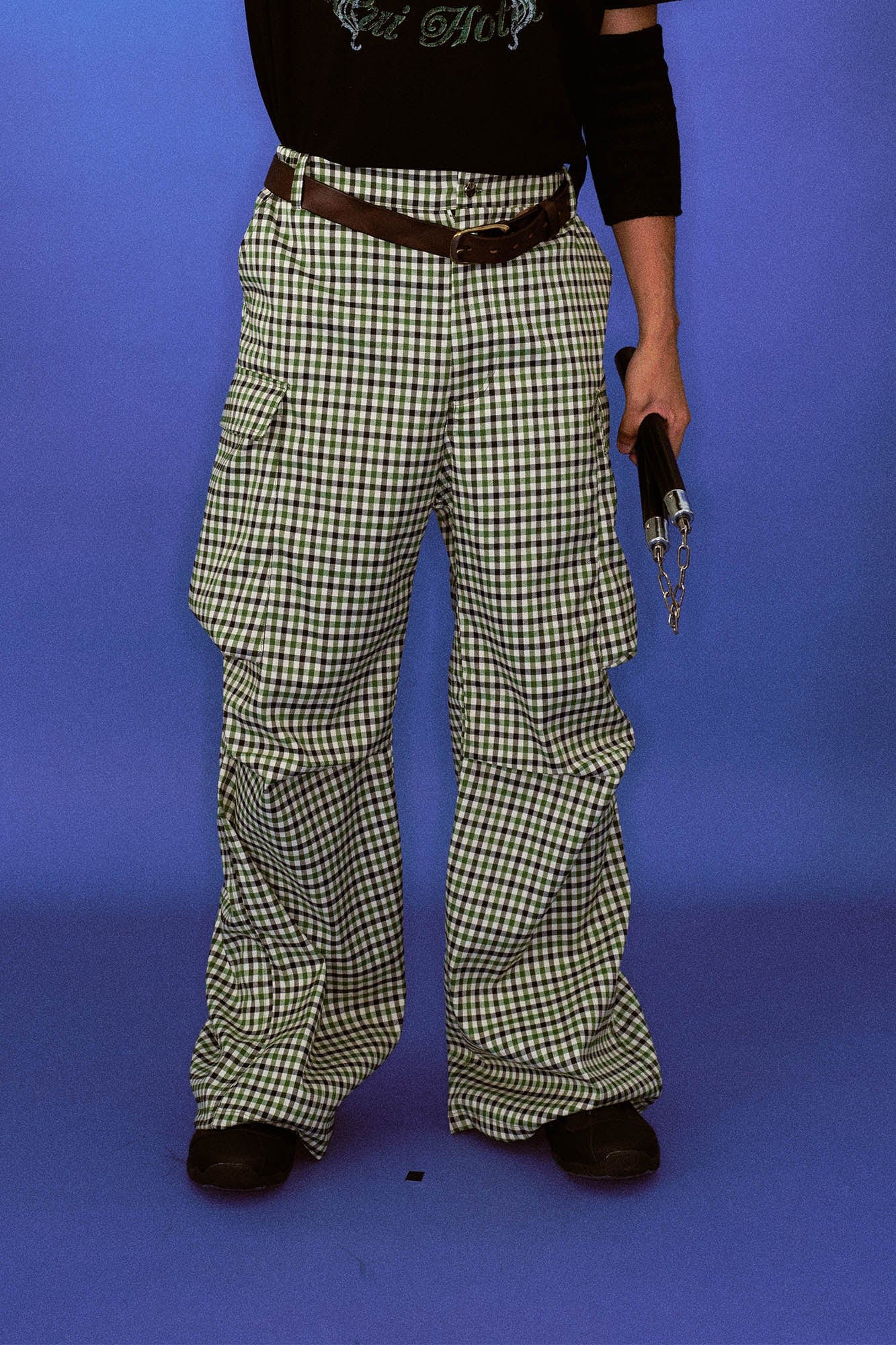 TRECLUB Plaid Multi-Pocket Crinkled Cargo Pants