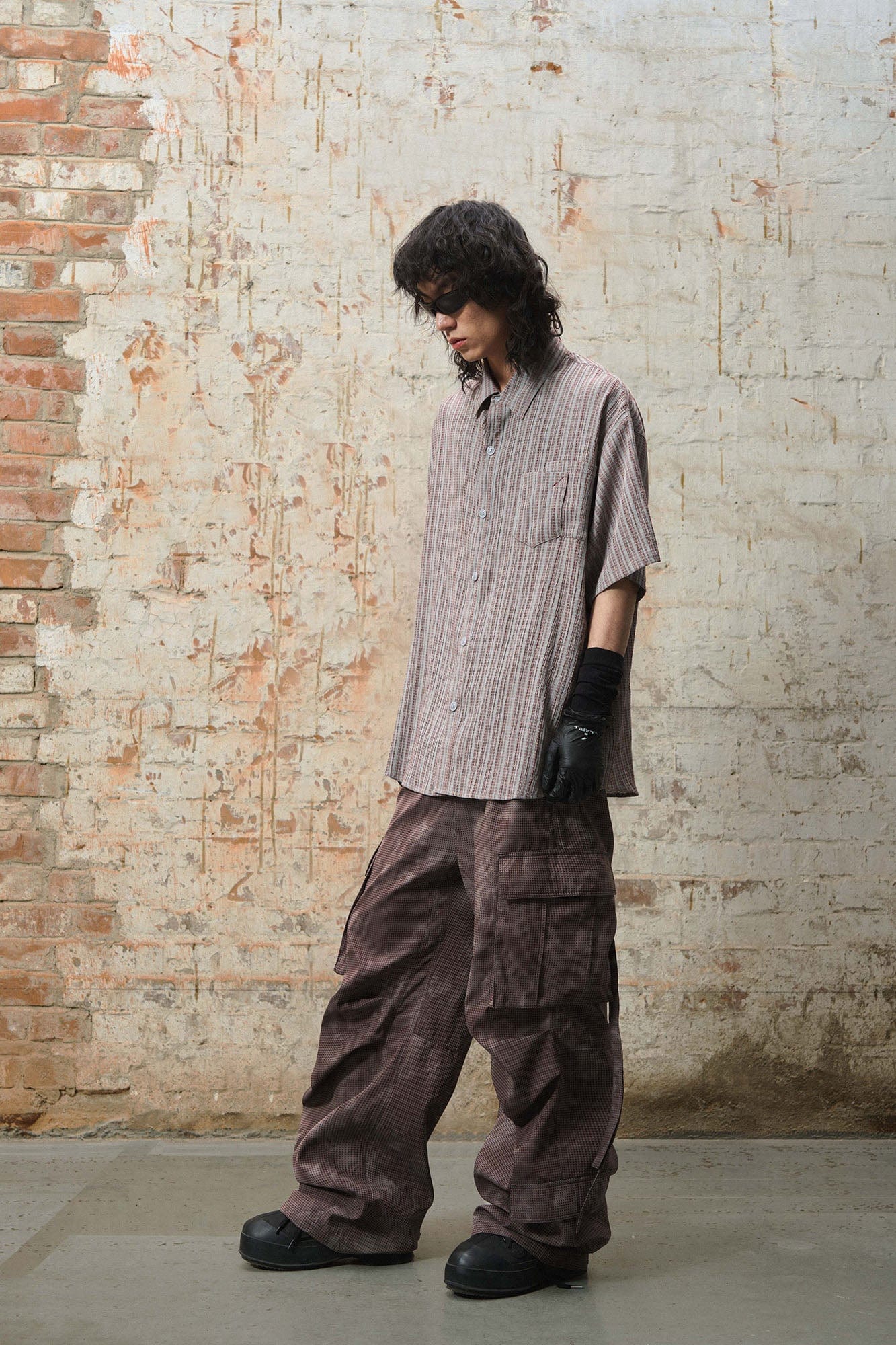 RELABEL Mini Checker Multi-Pocket Strap Pleated Cargo Pants Red