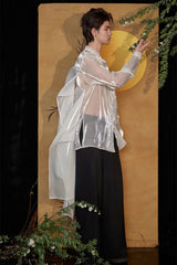 JIECHI Pearl Embroidered Layered Ribbon Organza Shirt