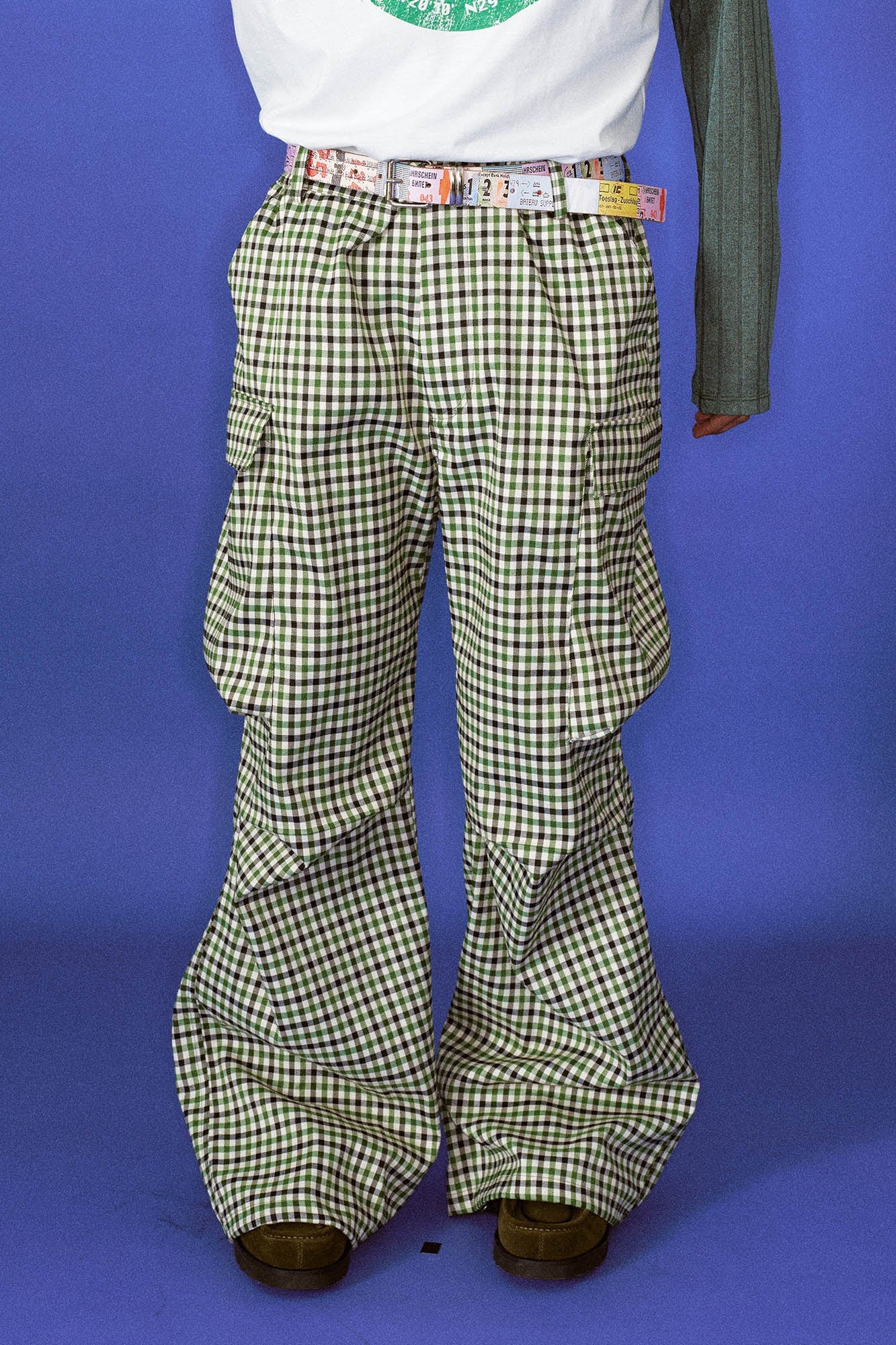 TRECLUB Plaid Multi-Pocket Crinkled Cargo Pants