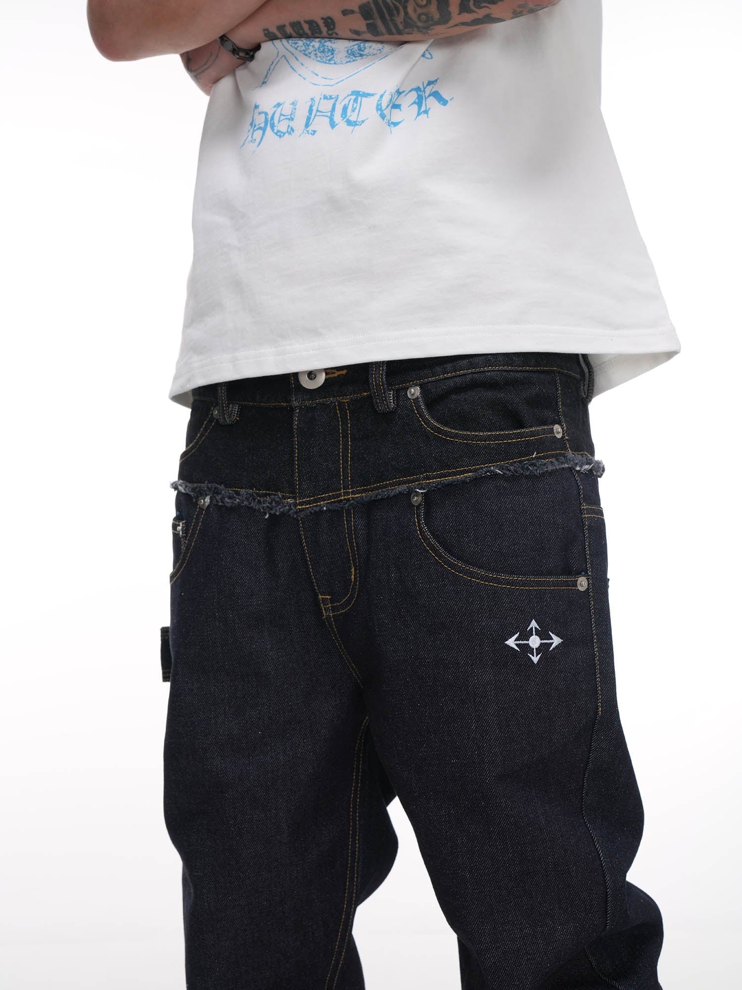 PHANTOMHUNTER Double-Waist Spliced Straight-Leg Fitted Jeans