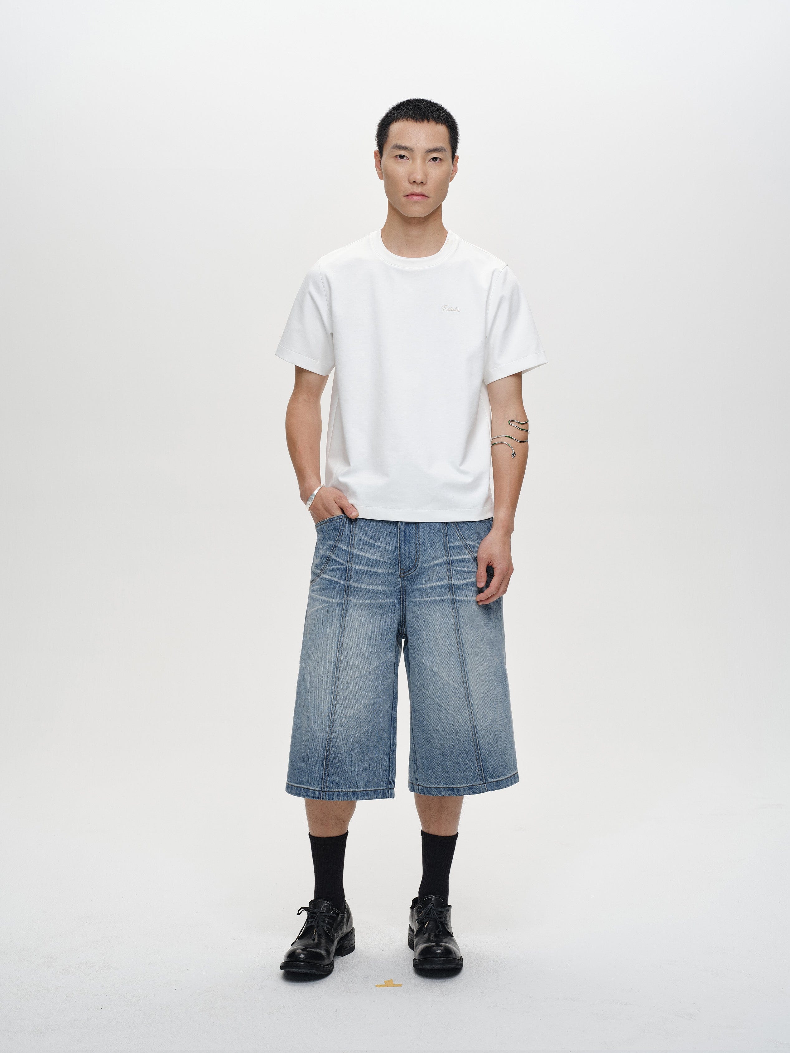 CATSSTAC Whisker-Wash Middle-Spliced Wide-Leg Shorts