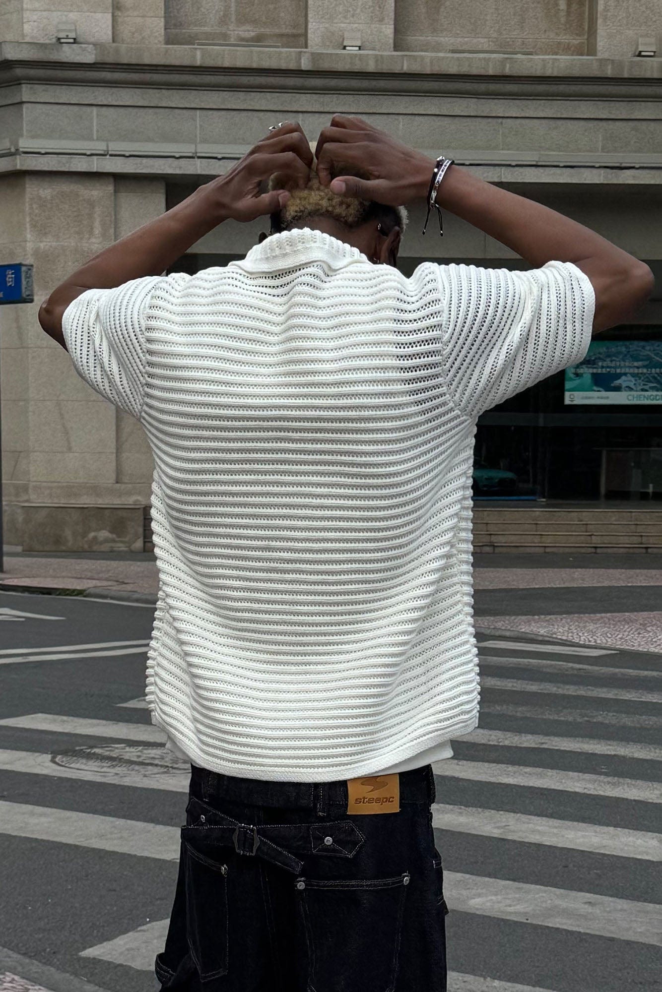 STEEPC Hollow-Out Knit Polo Half Shirt
