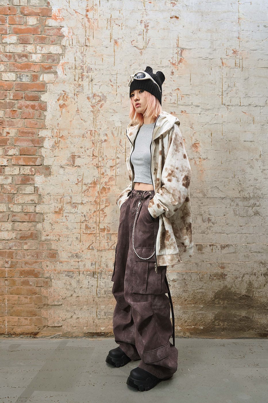 RELABEL Washed Cement-Dyed Double-Hat Zip-Up Hoodie