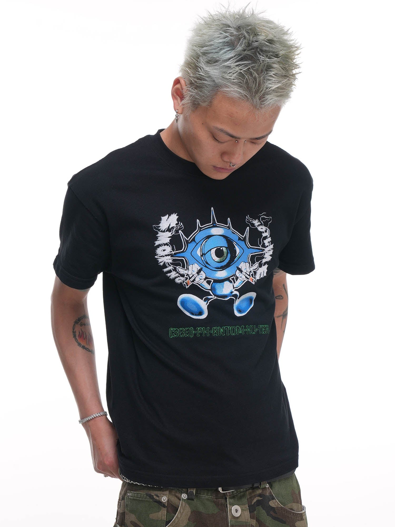 PHANTOMHUNTER Cartoon Eyeball Graphic Embroidered T-Shirt