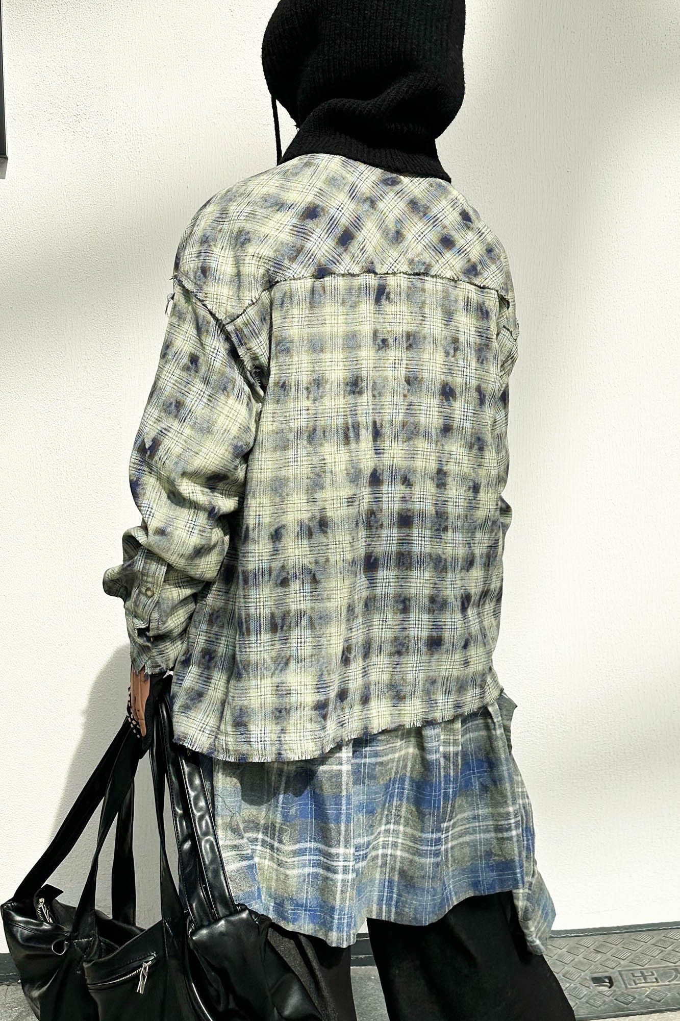 RELABEL Tie-dye Plaid Dual Closure Frayed Shirt