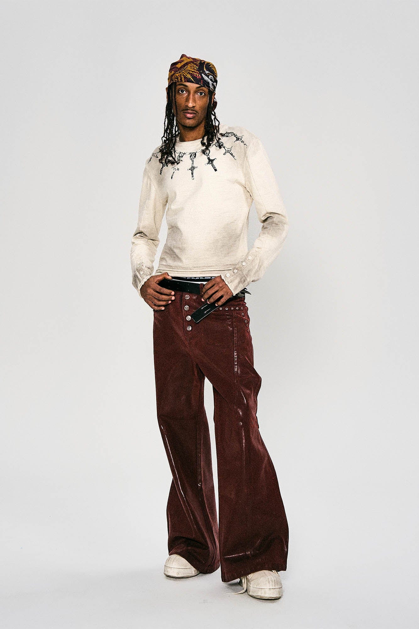 FLYERRER Waxed Spliced Studded Flared Pants
