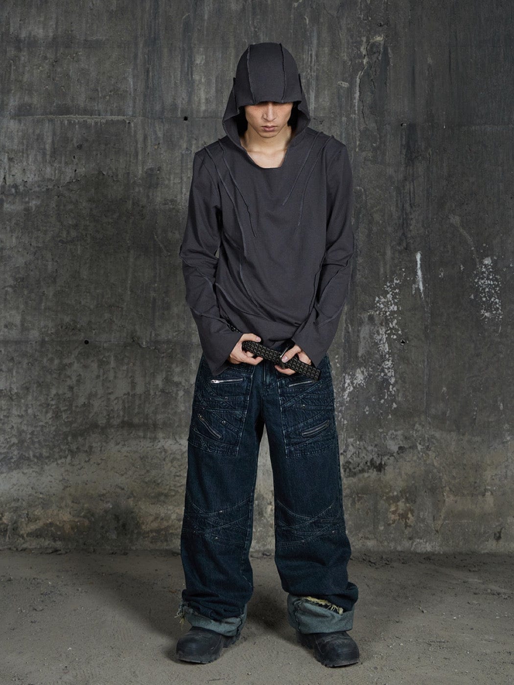 DND4DES Patchwork Raw-Edge Zipper Jeans Dark Blue
