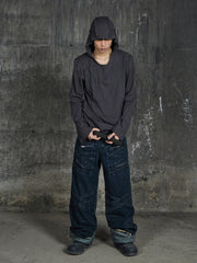 DND4DES Patchwork Raw-Edge Zipper Jeans Dark Blue