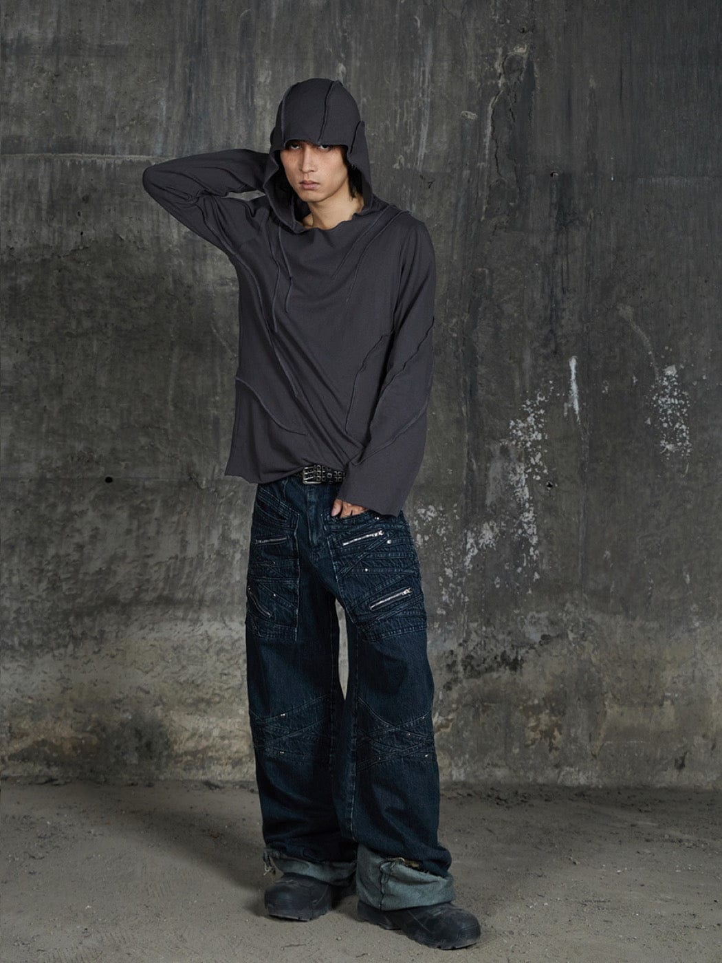 DND4DES Patchwork Raw-Edge Zipper Jeans Dark Blue