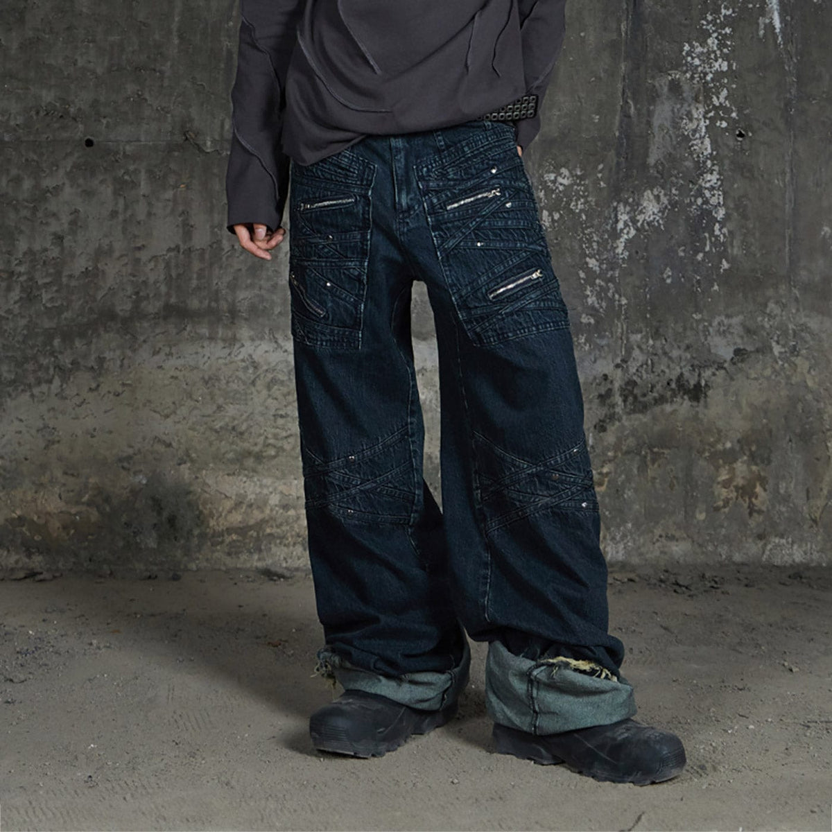 DND4DES Patchwork Raw-Edge Zipper Jeans Dark Blue