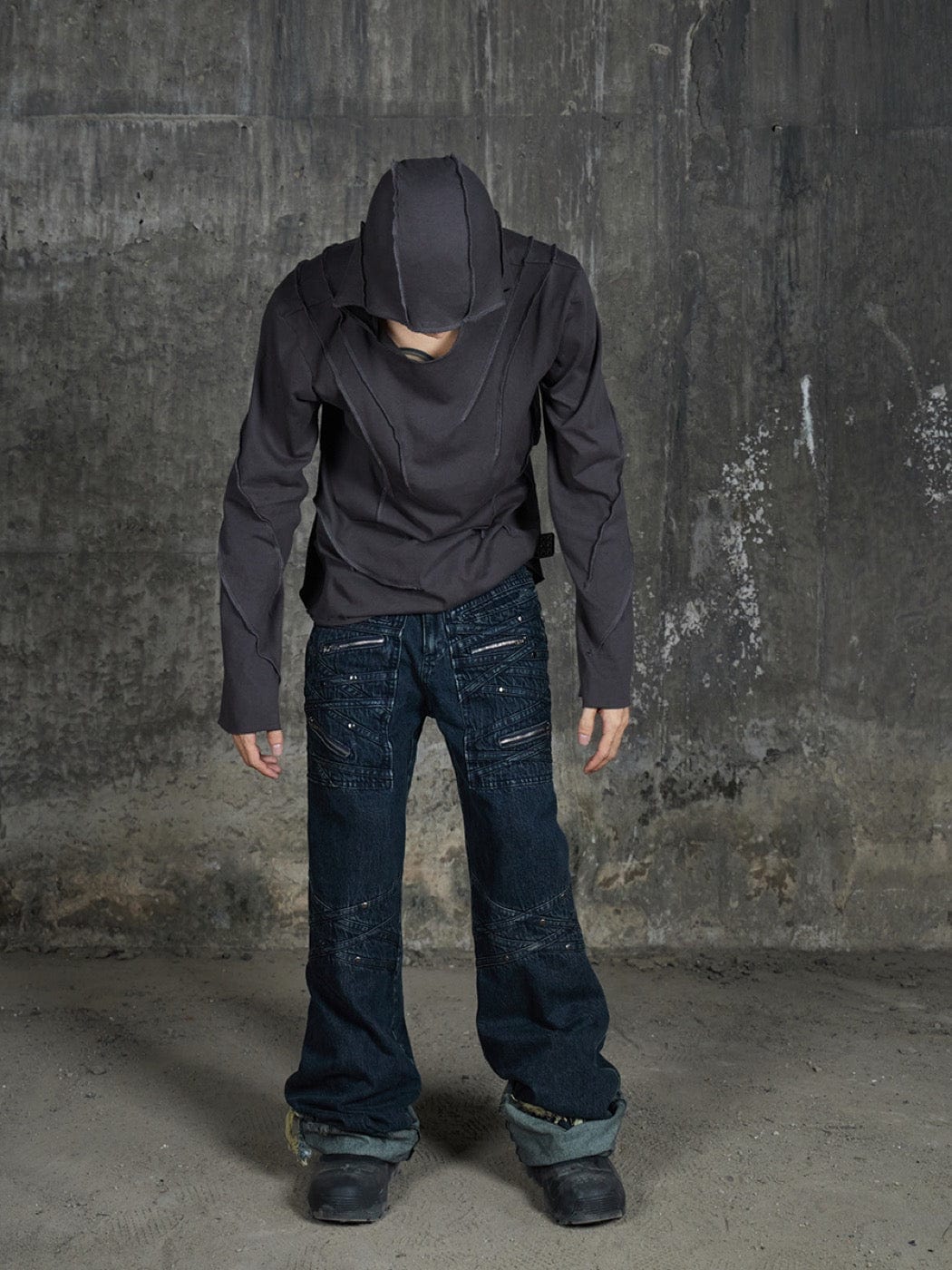 DND4DES Patchwork Raw-Edge Zipper Jeans Dark Blue